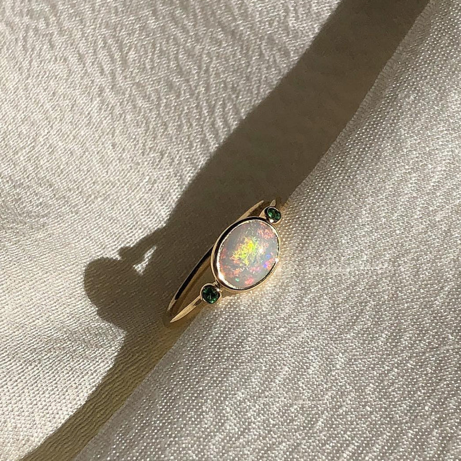 Moon / Beam Ring with Green Sapphires